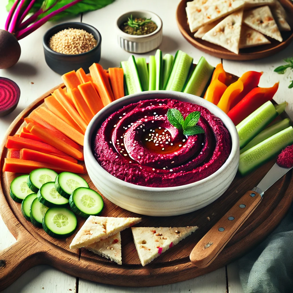 Beet hummus surrounded by dipping pita and veggies